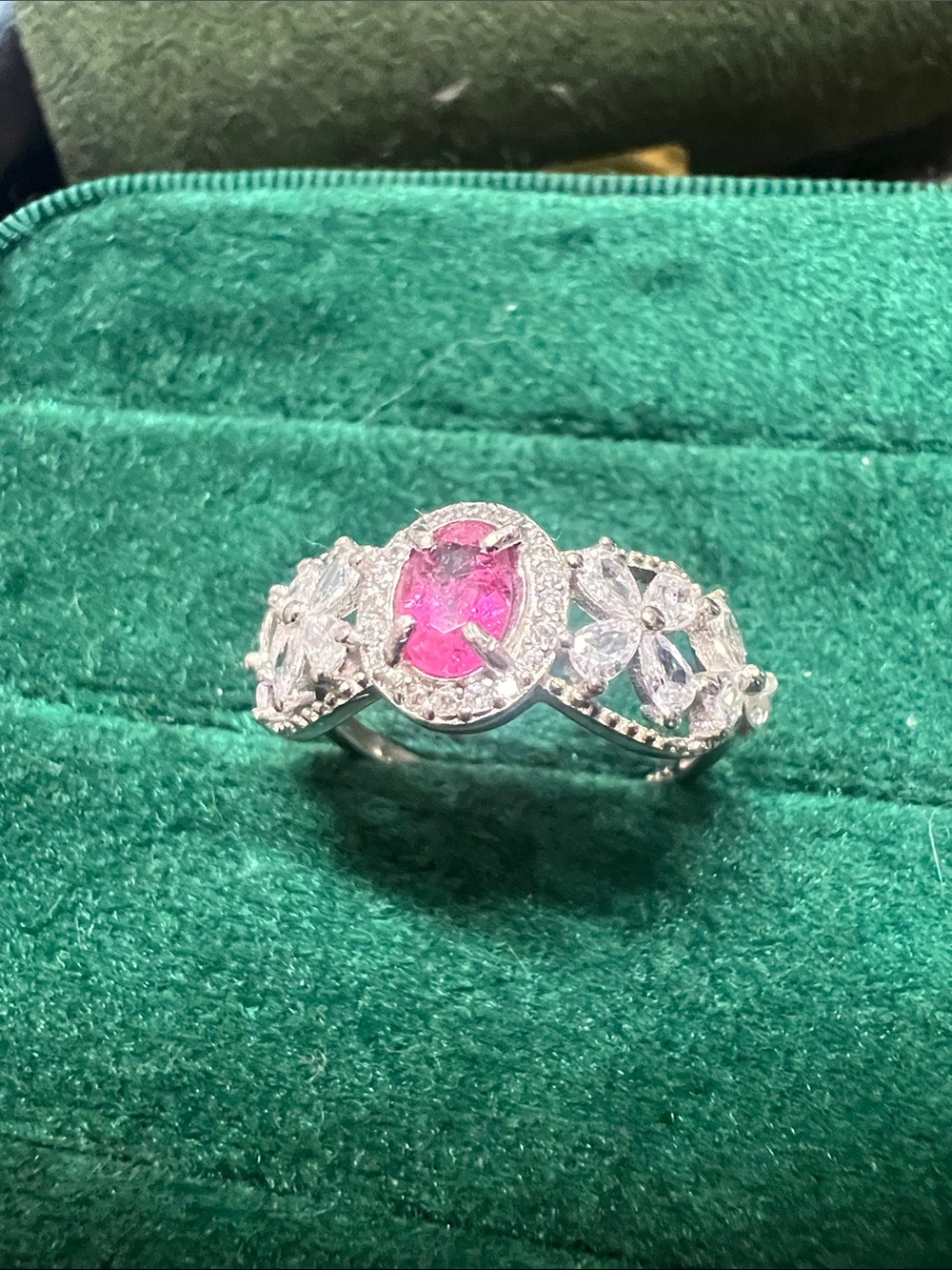 Pink tourmaline ring silver setting 925 size can adjusted